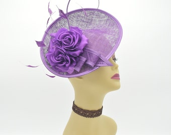 M8184 ( Purple ) Kentucky Derby, Wedding, Easter, Tea Party, Royal Ascot Sinamay Base Silk Flowers, Rhinestone, Headband Medium Fascinator
