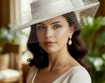 M23156V ( White hat ) Medium Flat-brim Sinamay Fascinator hat for Kentucky Derby hat, Church, Wedding hat, Easter hat, Ascot hat with Veil
