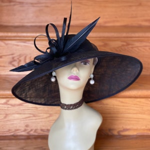 M839( Black )Vintage Kentucky Derby, Church, Wedding, Easter Hat, Tea Party Hat, Formal Hat & Large Feathers Wide Brim Sinamay Hat
