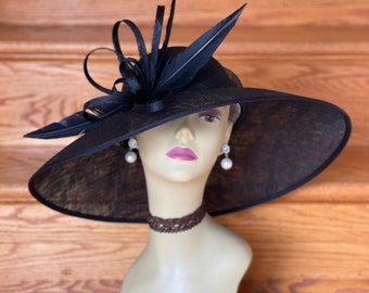 M839( Black )Vintage Kentucky Derby, Church, Wedding, Easter Hat, Tea Party Hat, Formal Hat & Large Feathers Wide Brim Sinamay Hat