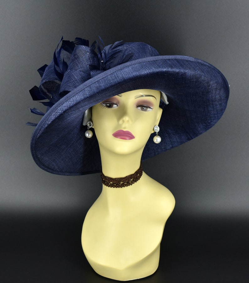 M4002 Navy blue hat Kentucky Derby hat, Church hat, Wedding hat, Easter hat, Mother of Bride hat, Royal Ascot hat, Med Brim Sinamay Hat image 2