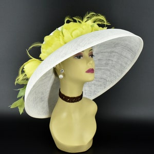 M22028 ( White lime green hat ) Audrey Hepburn Hat  with Pretty Feather flowers 19.75&quot; Wide Brim Sinamay Hat