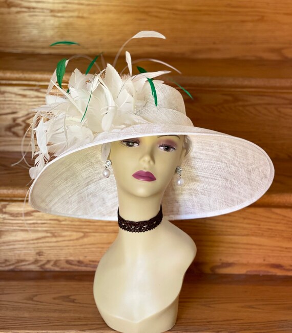 Ivory/Beige Sinamay Derby Hat with ivory coque feathers, glittered, metal ivory M9031( Ivory + More Colors Options ) Kentucky Derby Hat  main image 2