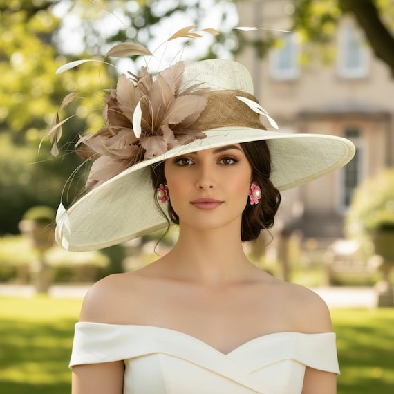 M721( Ivory Taupe )kentucky Derby Church, Wedding, Easter Hat, Tea