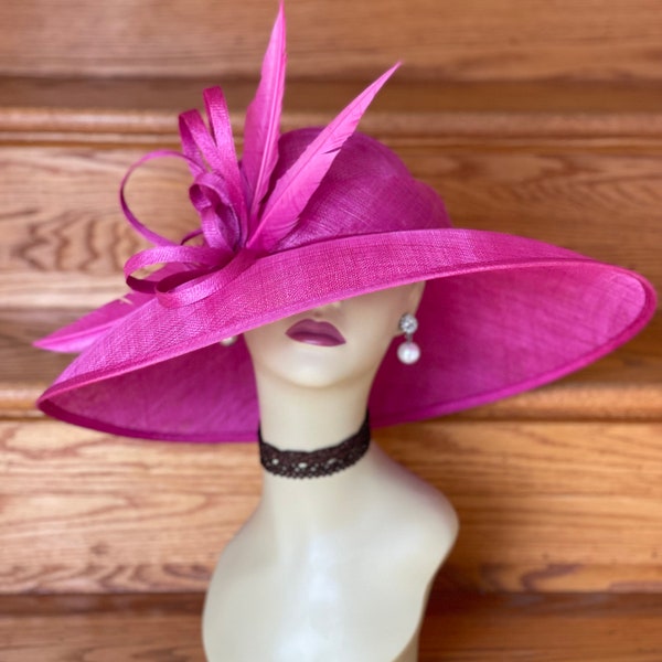 M839 (Fucsia) Sombrero vintage de sinamay para mujer, de Kentucky Derby, iglesia, boda, Pascua, fiesta de té, formal y con plumas grandes.