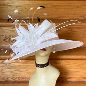 M936( White multi-colors hat )  Kentucky Derby hat, Wedding hat, Easter hat, Royal Ascot hat, Jumbo Feather Flower Wide Brim Sinamay Hat
