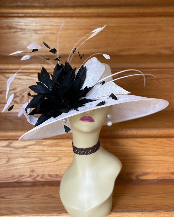 Elegant White Hat with Black Floral Accent Ivory Sinamay Kentucky Derby Fascinator: Black & White  main image 4