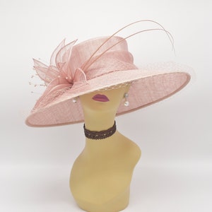 M489( Blush Pink)Kentucky Derby Hat, Church Hat, Wedding Hat, Easter Hat Tea Party Hat Formal Hat & Net Wide Brim Sinamay Hat