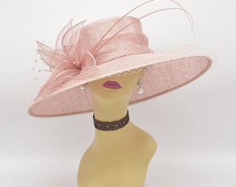 M489( Blush Pink)Kentucky Derby Hat, Church Hat, Wedding Hat, Easter Hat Tea Party Hat Formal Hat & Net Wide Brim Sinamay Hat