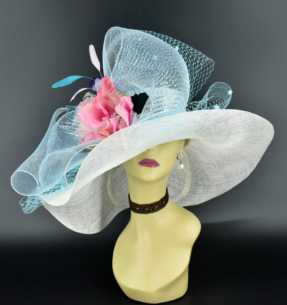 SD21-1 (ivory/pink/turquoise) Kentucky Derby Hat Wedding Hat  display picture 1