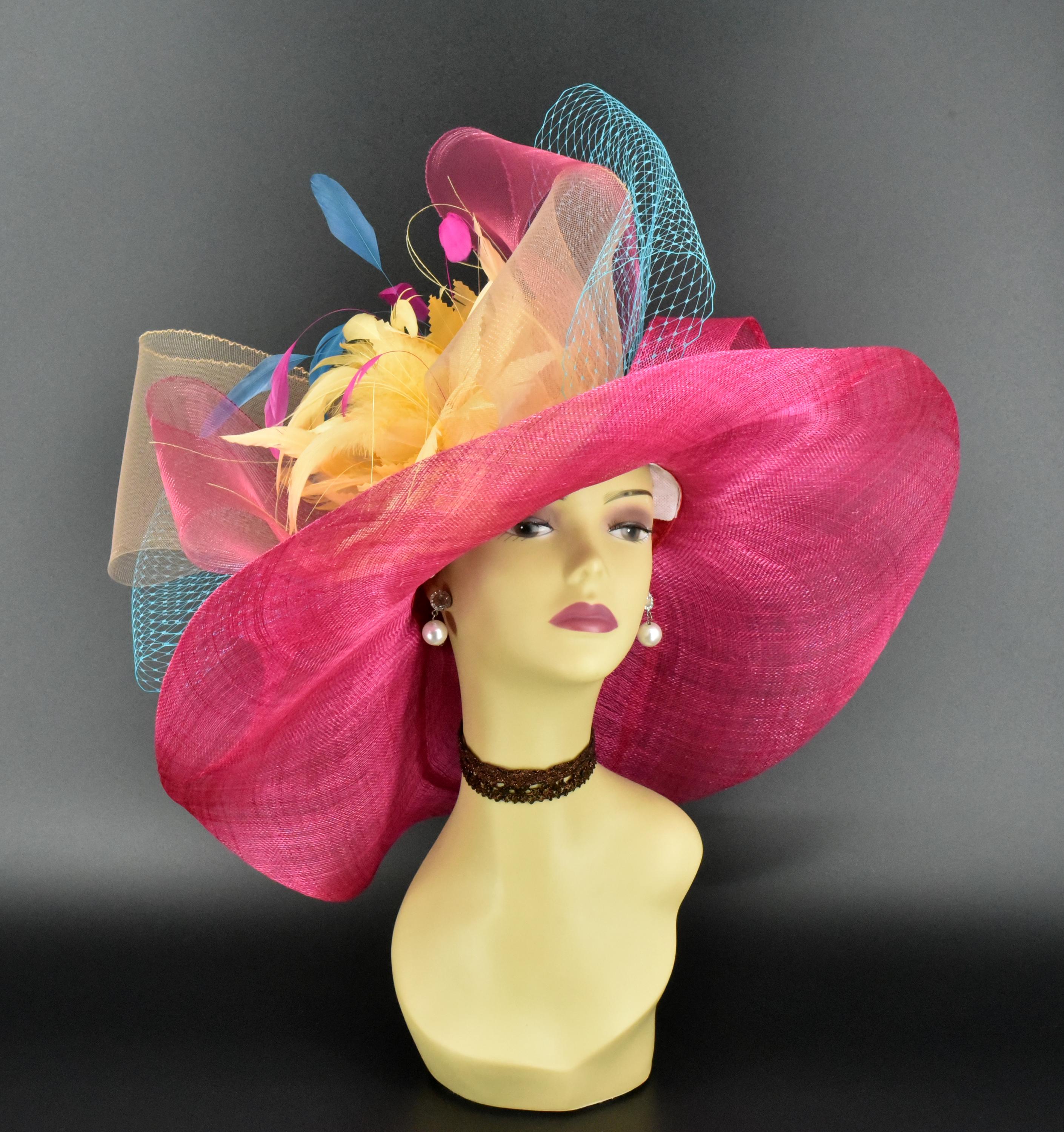 SD20 Hot Pink/gold/pink/turquoise/fuchsia Wide-brim Sinamay 