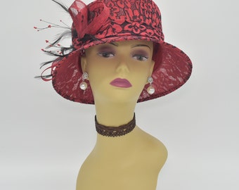 M843 ( Red/Black ) Kentucky Derby hat, Church hat, Wedding hat, Carriage hat, Tea Party hat Lace Hat with feather Small Brim Sinamay Hat