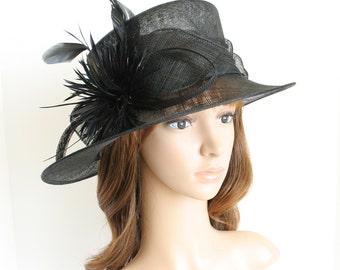 SF05( Black ) Kentucky Derby hat, Church hat, Wedding hat, Carriage hat, Tea Party hat with feather flower Small Brim Sinamay Hat