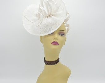 M8123(Off-White)Kentucky Derby, Wedding, Easter, Tea Party, Royal Ascot Sinamay Base with Sinamay Ribbon, Headband Large Fascinator Cocktail