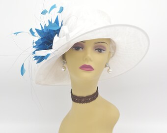 SF044( White/Teal )Kentucky Derby Hat, Church Hat, Wedding Hat, Easter Hat, Tea Party, Formal Hat Feather Satin Med Brim Sinamay Hat