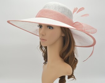 M99( White/Pink/Peach )Kentucky Derby Hat, Church Hat, Wedding Hat, Easter Hat, Tea Party Hat 3 Layers Wide Brim Woman's Sinamay Hat