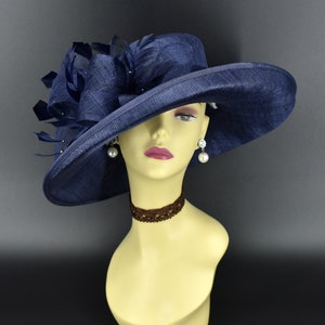 M4002 Navy blue hat Kentucky Derby hat, Church hat, Wedding hat, Easter hat, Mother of Bride hat, Royal Ascot hat, Med Brim Sinamay Hat image 3