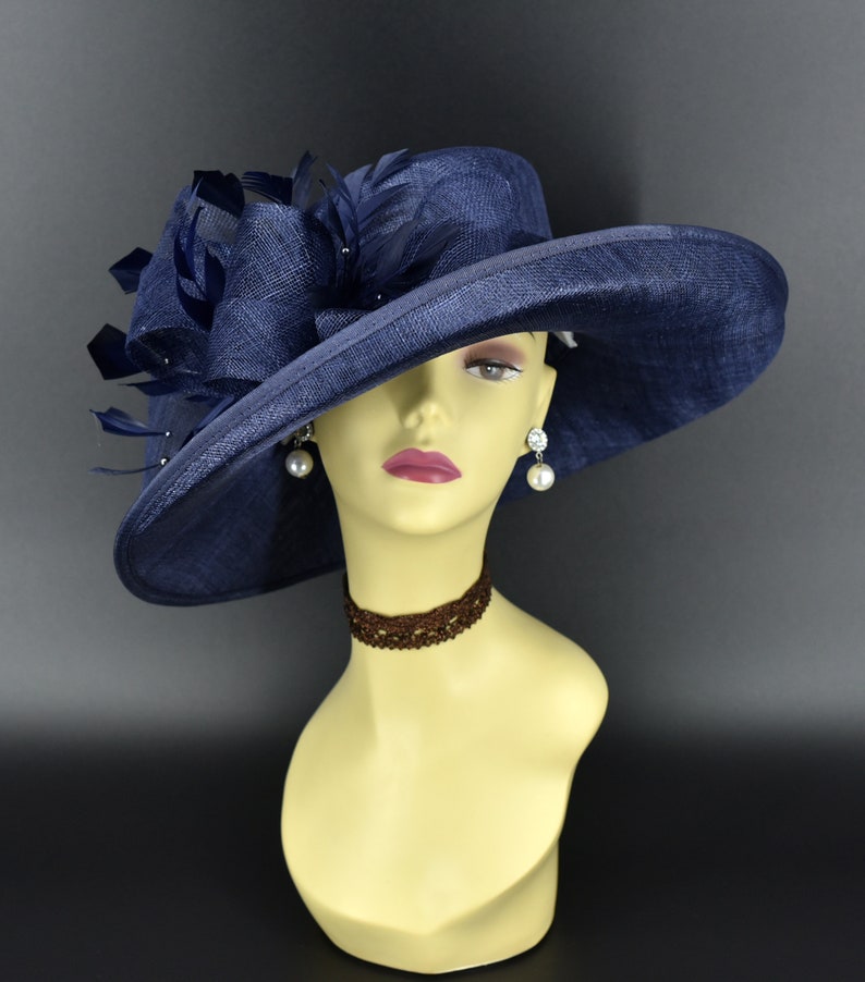 M4002 Navy blue hat Kentucky Derby hat, Church hat, Wedding hat, Easter hat, Mother of Bride hat, Royal Ascot hat, Med Brim Sinamay Hat image 3