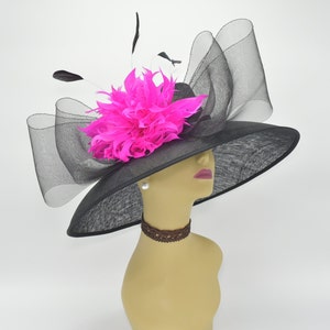 SD12(Black/Hot Pink)Kentucky Derby Church Wedding Easter Royal Tea Party Ascot Jumbo Crin Bow & Feather Flower Wide Brim Woman's Sinamay Hat