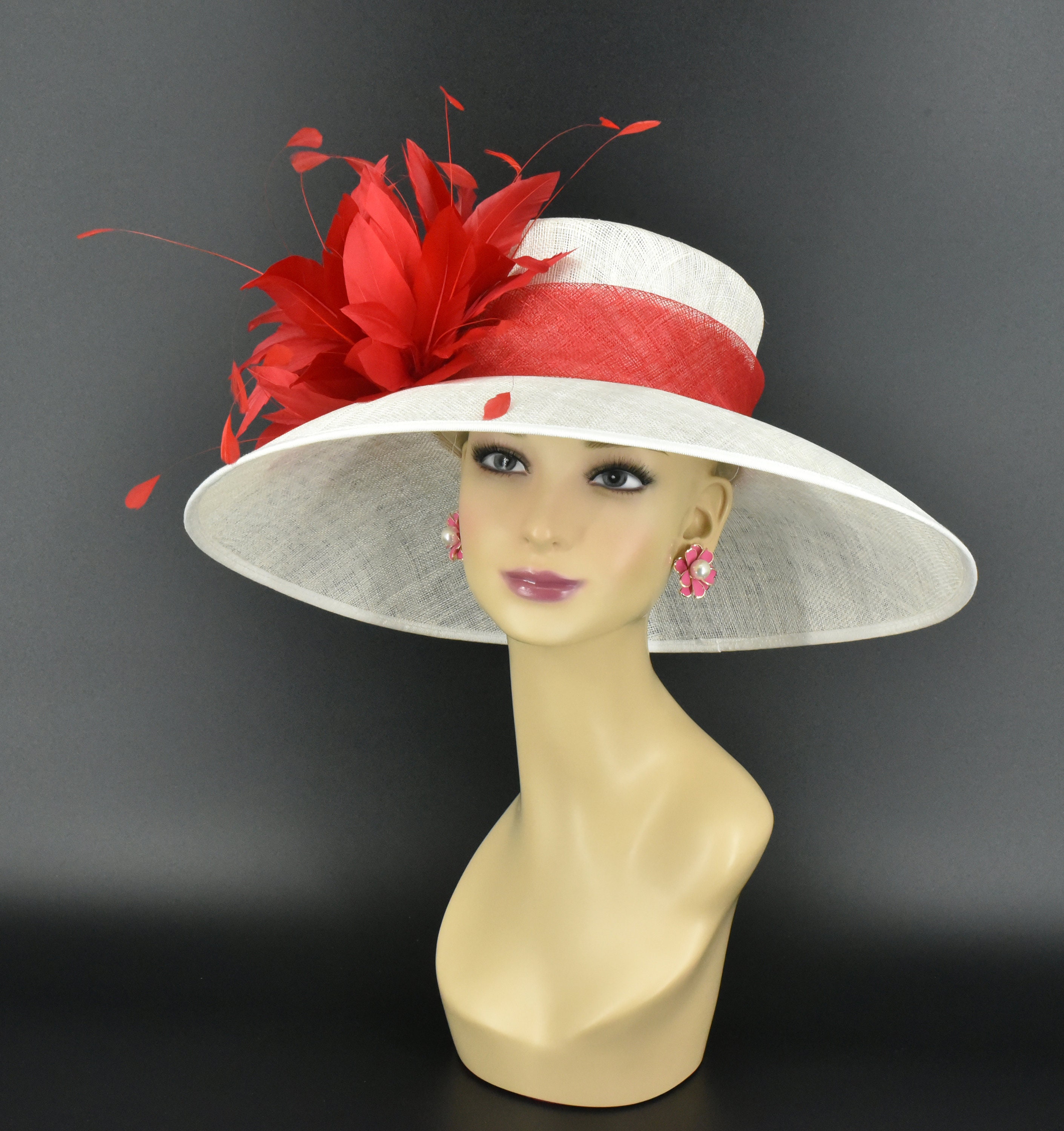 Red Tilt Hat cream Brim Cocktail Church Derby Small 21in Bow Crystal Kentucky Derby Wedding Hat Church Wide Brim  main image 4