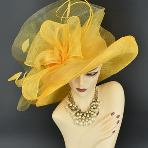 M22020( Yellow Gold hat)Kentucky Derby hat, Wedding hat, Royal Ascot hat, Mother of bride hat, Race hat, Tea party hat Wide Brim Sinamay Hat