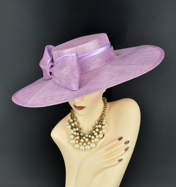 Elegant Purple Women\'s Wide-Brim Satin Ribbon Hat Purple Wide Brim Sun Hat, Satin Bow Accent, Formal Wedding  main image 3