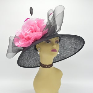 SD09(Black/fuchsia)Kentucky Derby Church Wedding Easter Royal Ascot Tea Party Jumbo Crin Bow & 12" Silk Flower Wide Brim Sinamay Hat