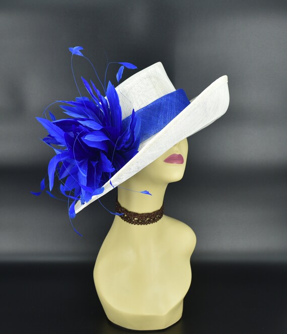 M901(off-white Royal Blue Hat)kentucky Derby Hat Church Hat Wedding Hat  Easter Hat Race Hat Ascot Hat Medium Brim Sinamay Dress Hat - Etsy