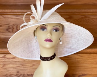 M839( Ivory) Vintage Kentucky Derby, Church, Wedding, Easter Hat, Tea Party Hat, Formal Hat & Large Feathers Wide Brim Sinamay Hat