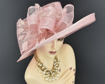 M4002 (cappello rosa cipria) Cappello Kentucky Derby, cappello da chiesa, cappello da matrimonio, cappello pasquale, cappello da madre della sposa, cappello Royal Ascot, cappello Sinamay a tesa media