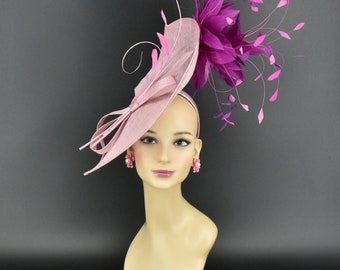 MF173-2 ( Rose pink + Multi-color feathers)Kentucky Derby Wedding Easter Tea Party Sinamay & Quill Feather Flowers Headband Large Fascinator