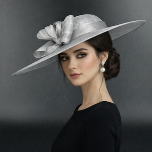 M25154 ( Silver/Light Gray ) Wide Flat-brim Sinamay hat for Kentucky Derby hat, Church hat, Wedding hat, Easter hat, Ascot hat