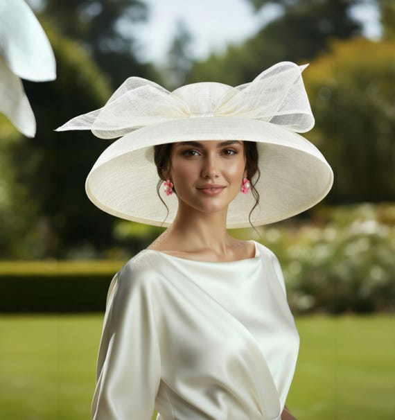 White Satin Ribbon Bows Rosettes Large Wide Brim Hat One Size Fits All Holiday Straw Beach Hat for Womens Wide Brim Bow Ribbon  main image 2
