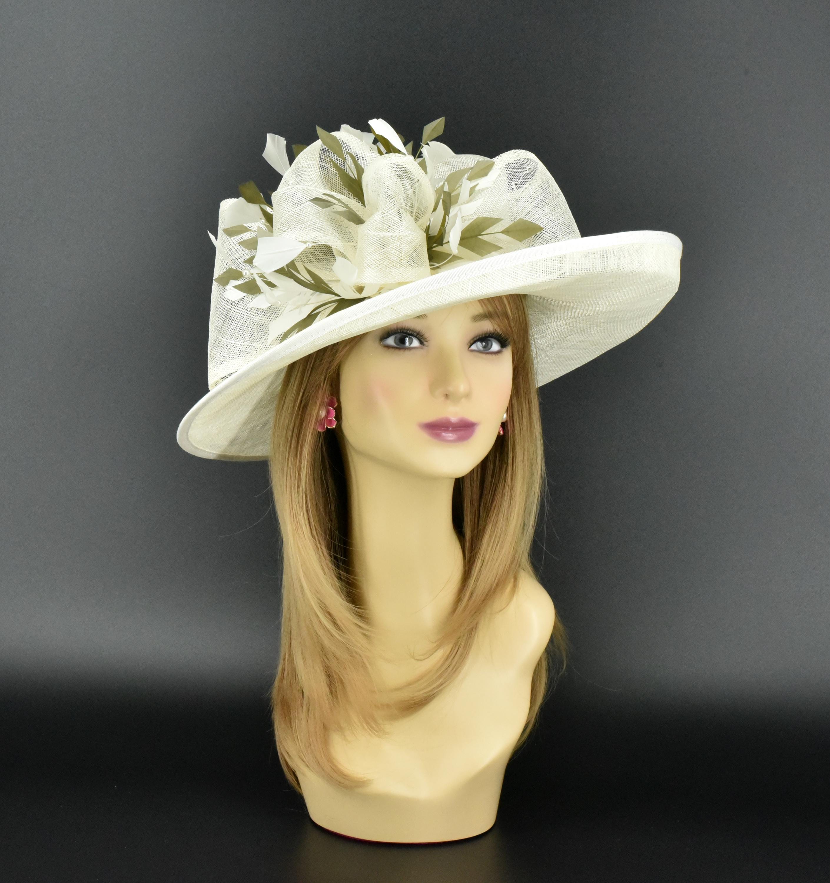 M4003 ( Ivory/olive Green )kentucky Derby Hat, Church Hat, Wedding