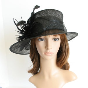 May include: A black wide-brimmed hat with a black feather trim. The hat is made of a straw-like material and has a slightly curved brim.