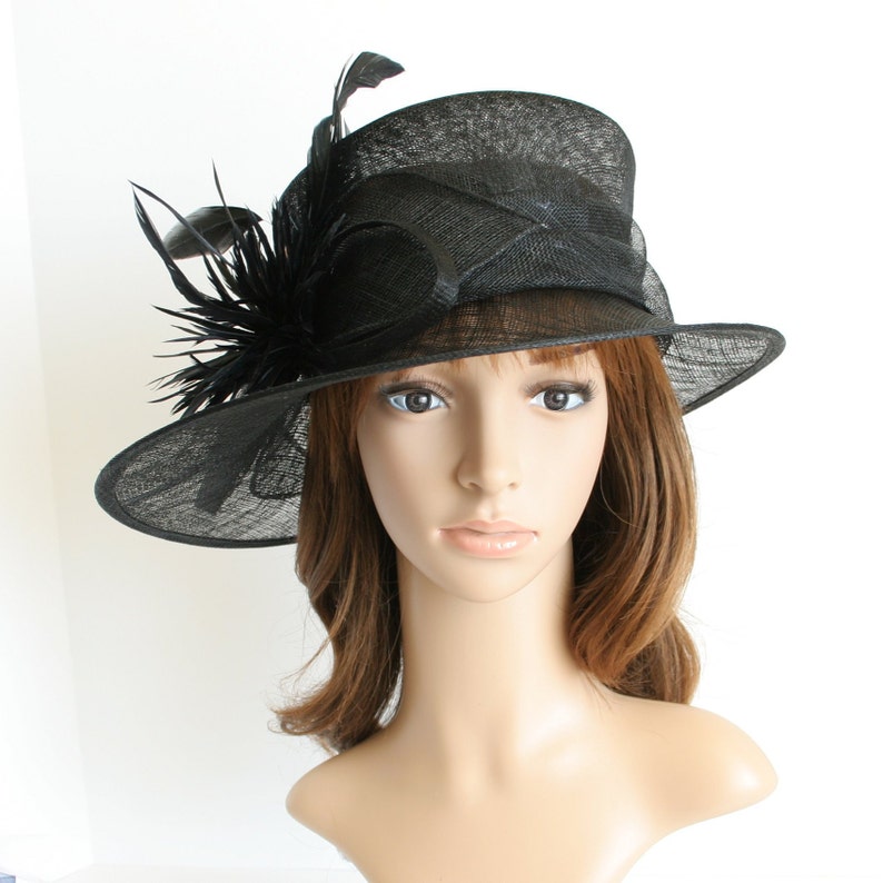 May include: A black wide-brimmed hat with a black feather trim. The hat is made of a straw-like material and has a slightly curved brim.