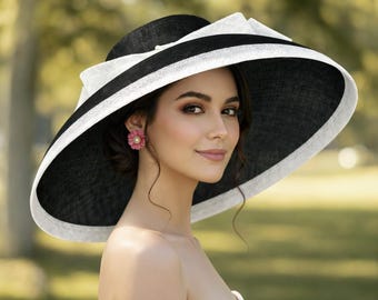 M22025 Black/white – Audrey Hepburn Hat | 19.75” Jumbo Wide-Brim Sinamay Derby Hat