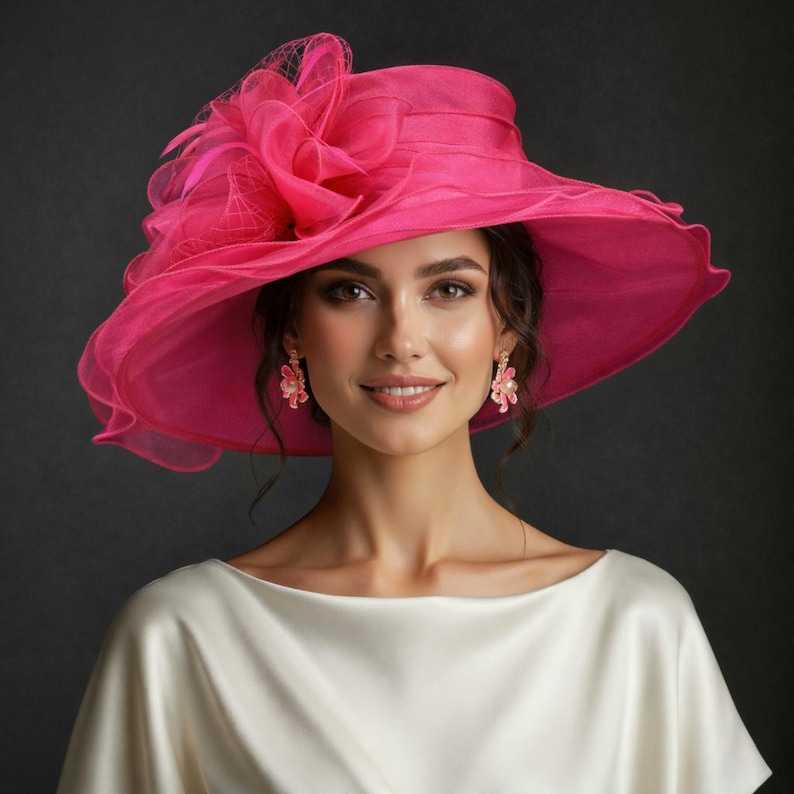 ED319 ( Blush pink ) Kentucky Derby hat, Church hat, Wedding hat, with Ribbon Bow and Feathers Medium Brim 5" Organza Dress Hat Hot pink