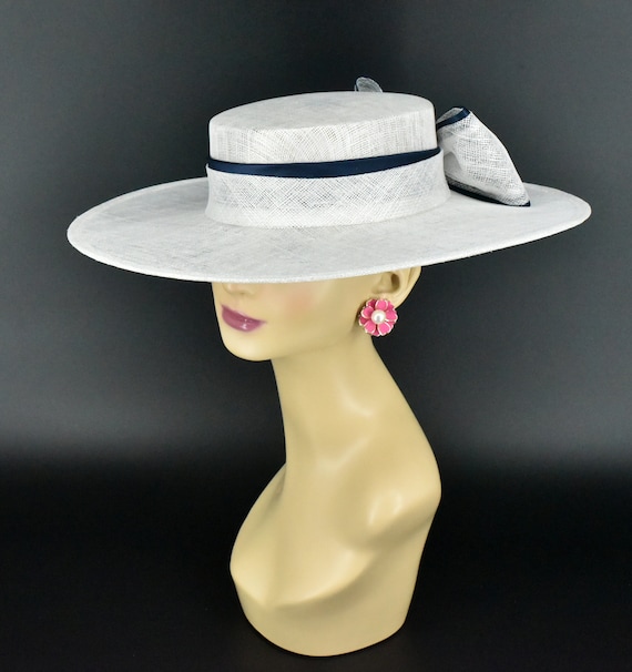 M23156 ( White Navy ) Medium Flat-brim Sinamay Fascinator hat for Kentucky Derby hat, Church hat, Wedding hat, Easter hat, Ascot hat