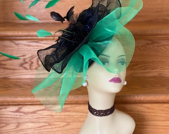 SF528 ( Black/Blue/Green ) Jumbo Kentucky Derby, Wedding, Tea Party Sinamay with feather Floral, Headband Large Fascinator Cocktail