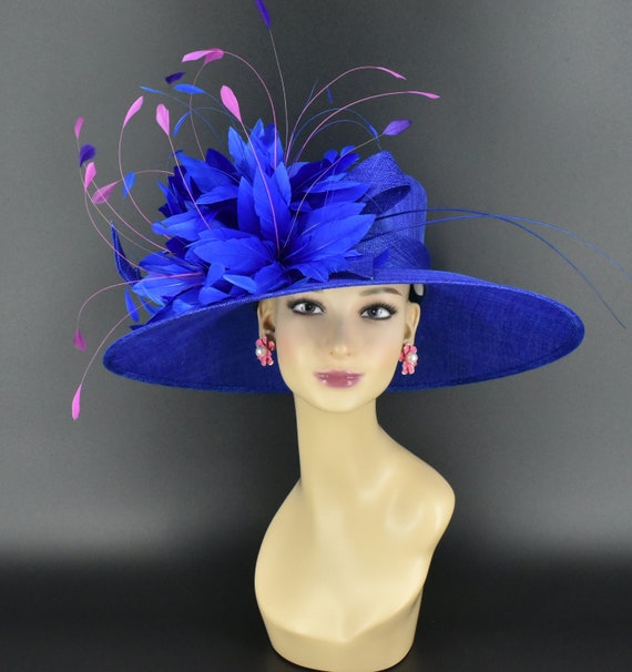 Estate Royal Blue Kentucky Derby Wide Brim Hat Mesh Floral Feather Kentucky Derby Hat KY Oaks Fascinator Elegant Blue Feather  main image 4