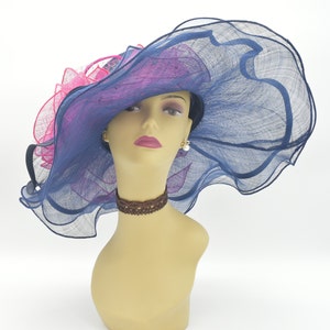 ED4199 (Navy/Fuschia) Kentucky Derby Hat, Church Hat, Wedding Hat, Easter Hat, Tea Party Hat Sinamay & Organza  Floopy Wide Brim Dress Hat