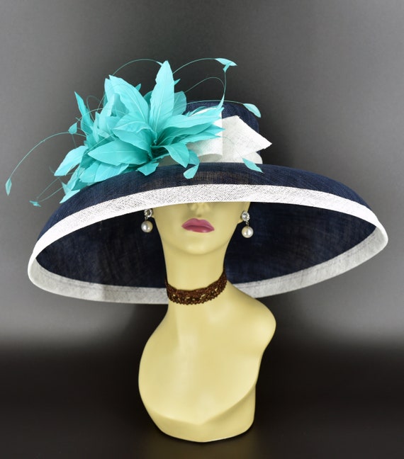 M22025F ( Navy White Yellow Gold Hat) Audrey Hepburn Hat