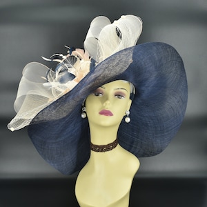 SD18( Navy blue/Peach )Kentucky Derby hat, Church hat Wedding hat Tea Party hat Feather Flower Flopy Wide Brim Sinamay Hat