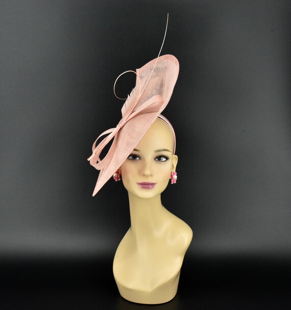 KY Derby Oaks Pink Sinamay Fascinator Headband Feathers + Veil Netting Pink Kentucky Derby Fascinator: Sinamay Headband With  main image 2