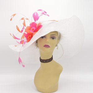 SD515( White+More colors Options)Kentucky Derby hat, Church hat, Wedding hat Tea Party hat Jumbo Feather Flower Floopy Wide Brim Sinamay Hat