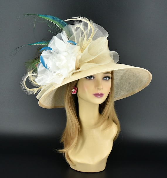 Champagne Wide Brim feathers Kentucky Derby ,garden party elegant hat. Wide Brim Champagne Derby Hat, Feather Flower Ascot Races - Etsy main image 3