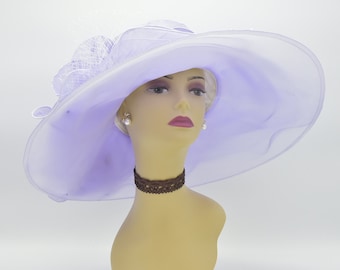 D35 ( lavender )Kentucky Derby hat, Church hat, Wedding hat, Carriage hat with Two Big Flower 4 Layers 7" Wide Brim Organza Dress Hat