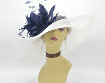 White & Blue Satin Large Brim Bowler Hat (7 3/4) - Etsy display picture 2