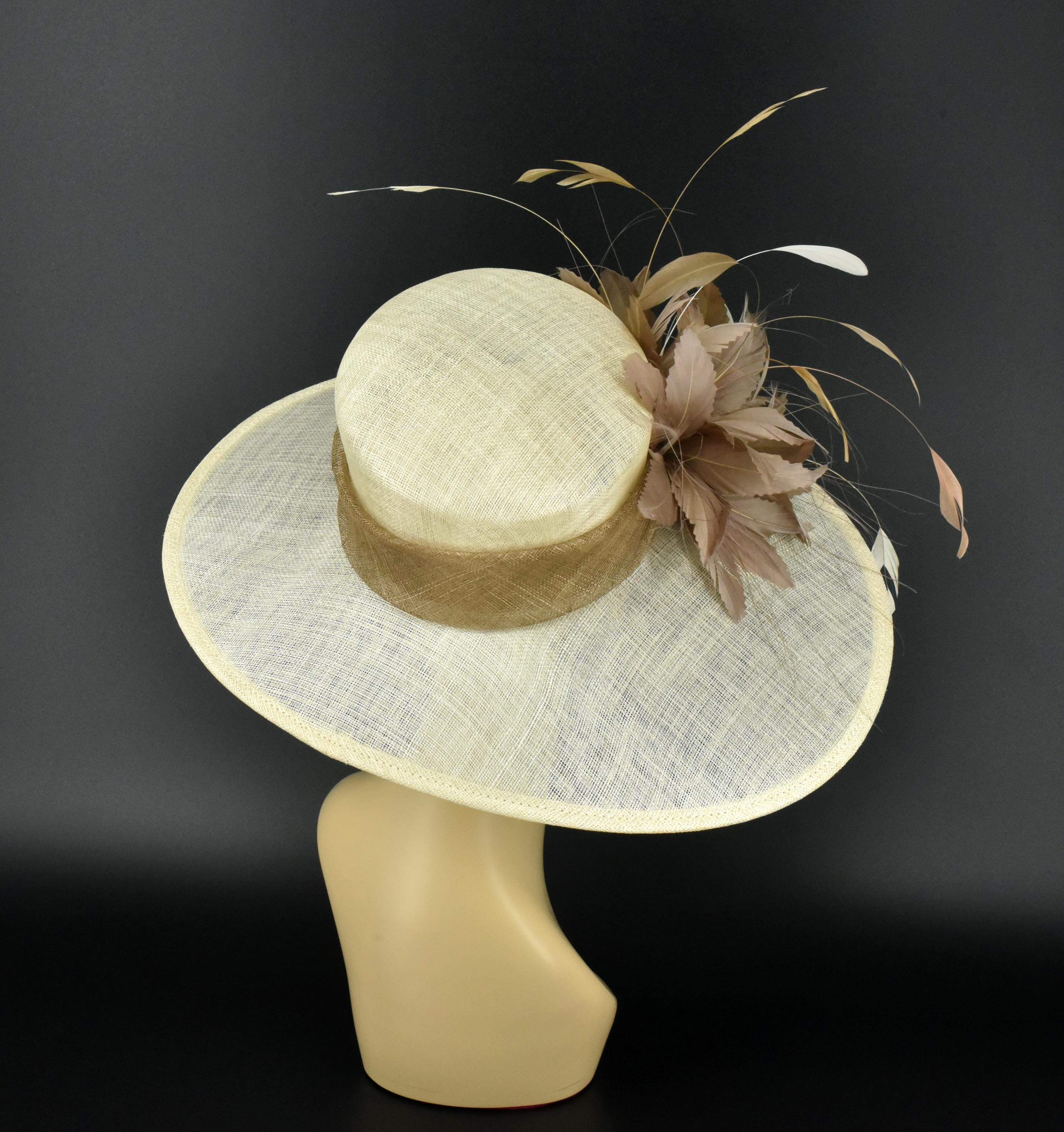 Hats by Katie Couture Sinamay Kentucky Derby Wedding Hat Taupe Brown Feather Kentucky Derby Hat Fascinator Taupe Neutral Brown Sinamay  main image 3
